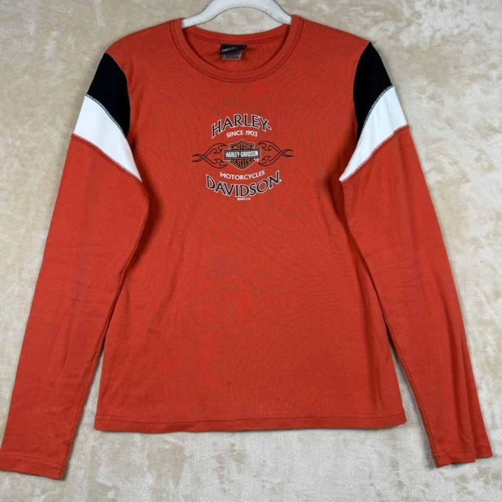 Harley-Davidson Womens L Orange Colorblock Long Sleeve Graphic Tee Dayton OH